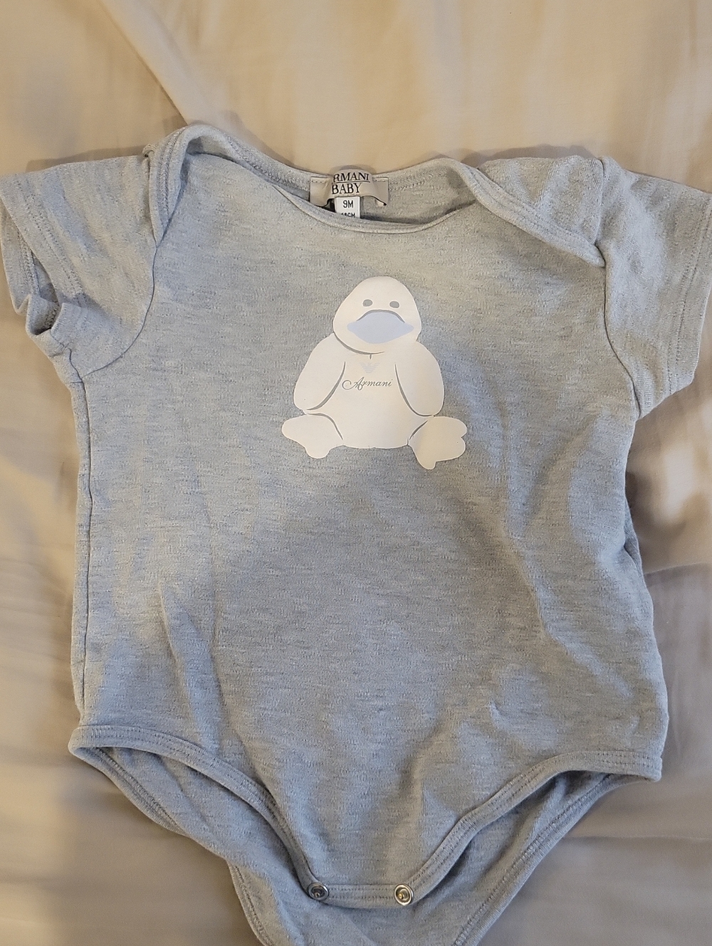 Armani Baby Light Grey Duck Graphic One-Piece Bodysuit, Size 9M